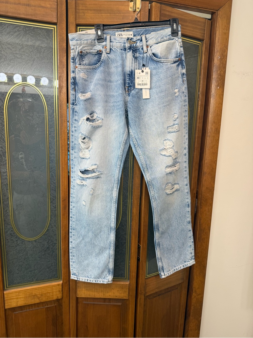 Zara Ladies Light Blue Distressed Straight Jeans, BRAND NEW